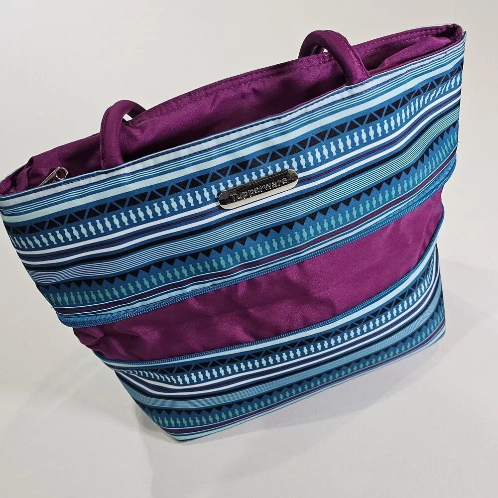Tupperware Stylish Stripes Expandable  Insulated Lunch Tote Bag Blue Pink Green